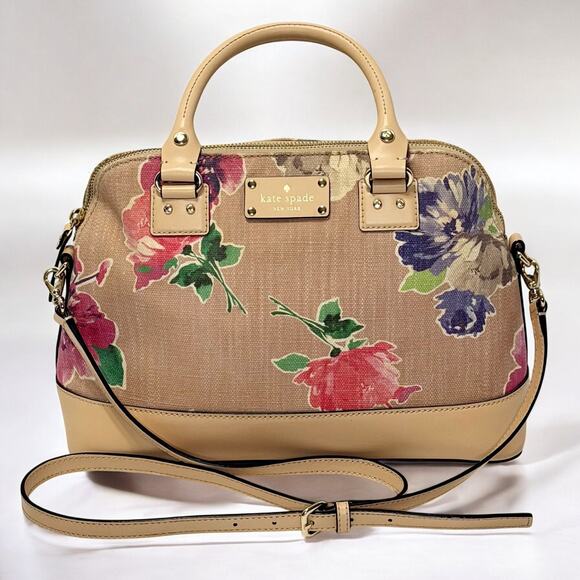 Kate Spade Floral Satchel Crossbody Handbag Beige Linen Jute Canvas Leather Trim - Picture 2 of 12